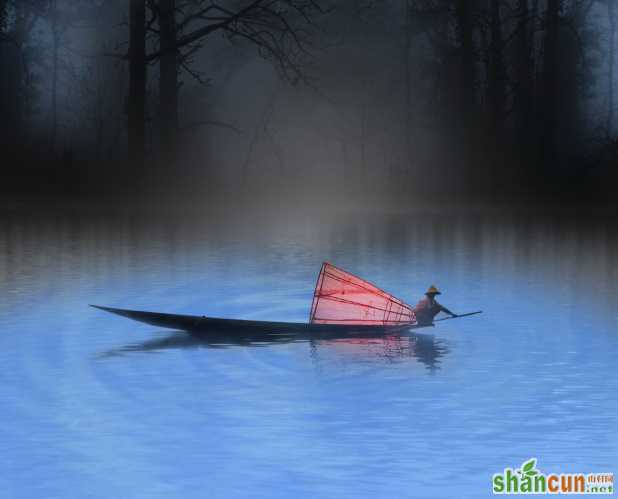 Photoshop合成在月色下停泊的小船场景,PS教程,素材中国网