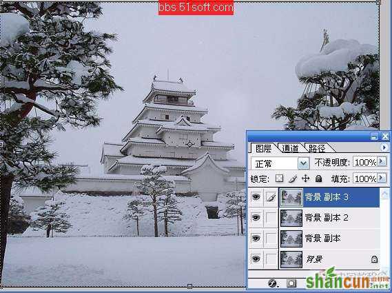 PhotoShop制作逼真的冬天下雪动画教程 山村教程