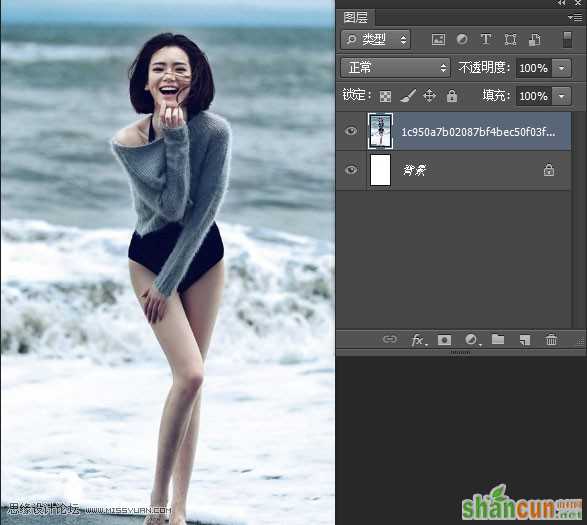 Photoshop给海边美女腿部添加豹纹图案教程