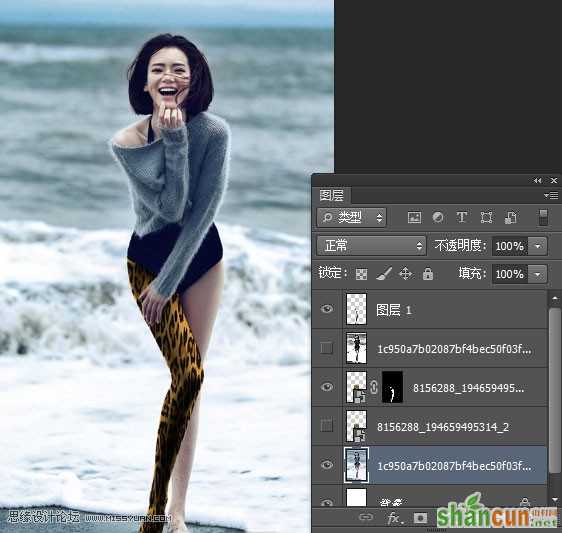 Photoshop给海边美女腿部添加豹纹图案教程