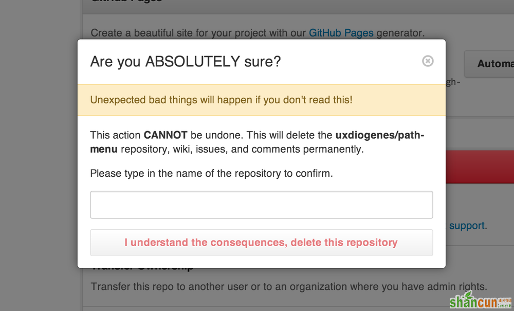 The GitHub delete co<em></em>nfirmation dialog.