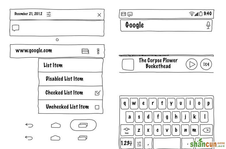 Android UI Mockup Templates from GUI Toolkits Illustrator, Fireworks, Axure, OmniGraffle, Visio, Keynote and PowerPoint