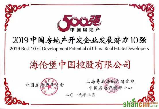“2019中国房地产开发企业发展潜力10强”证书